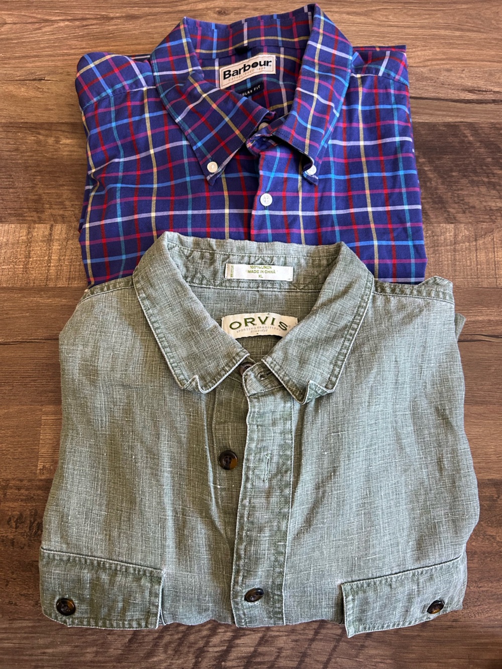 Lot of 2 Mens Shirts XL - Barbour Plaid & Orvis 100% Linen Utility